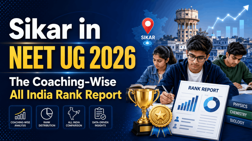 Student checking NEET UG 2026 Sikar coaching-wise results on a laptop with All India Rank, cutoff, and NEET 2027 preparation icons on a blue educational blog banner.