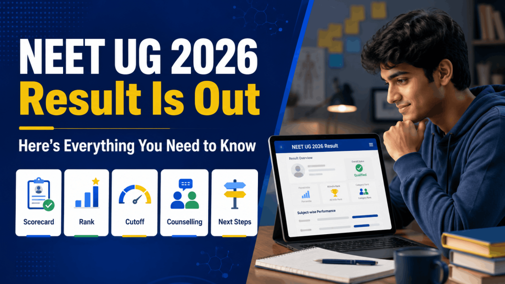 Student checking NEET UG 2026 result on a laptop with scorecard, rank, cutoff, counselling, and next steps icons on a blue educational blog banner.